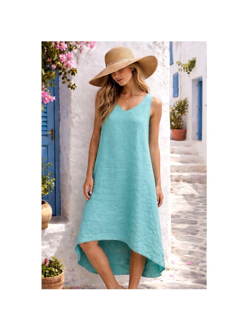J.Jill Love Linen Sleeveless V-Neck High-Low Dress Caribbean Blue XL Petite